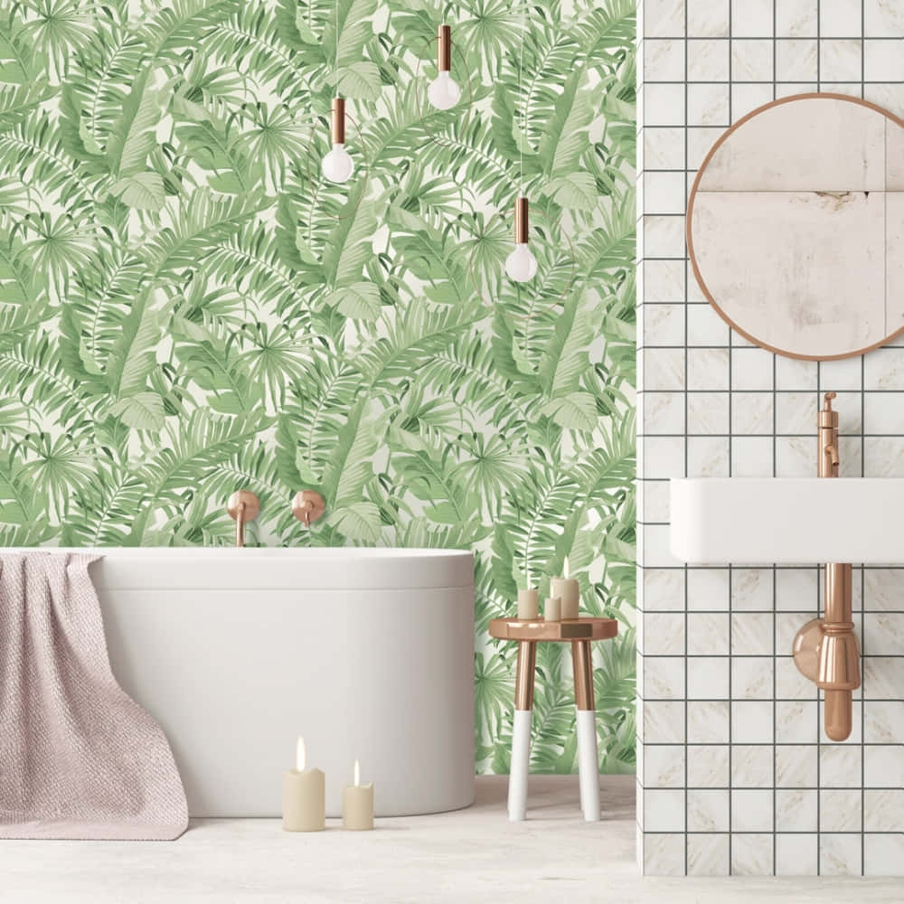 Tranquil Green Tiled Bathroom Interior Wallpaper
