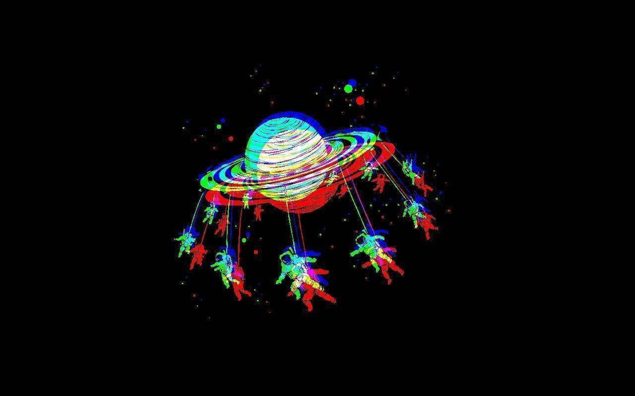 Trippy Dark Saturn With Hanging Astronauts Wallpaper