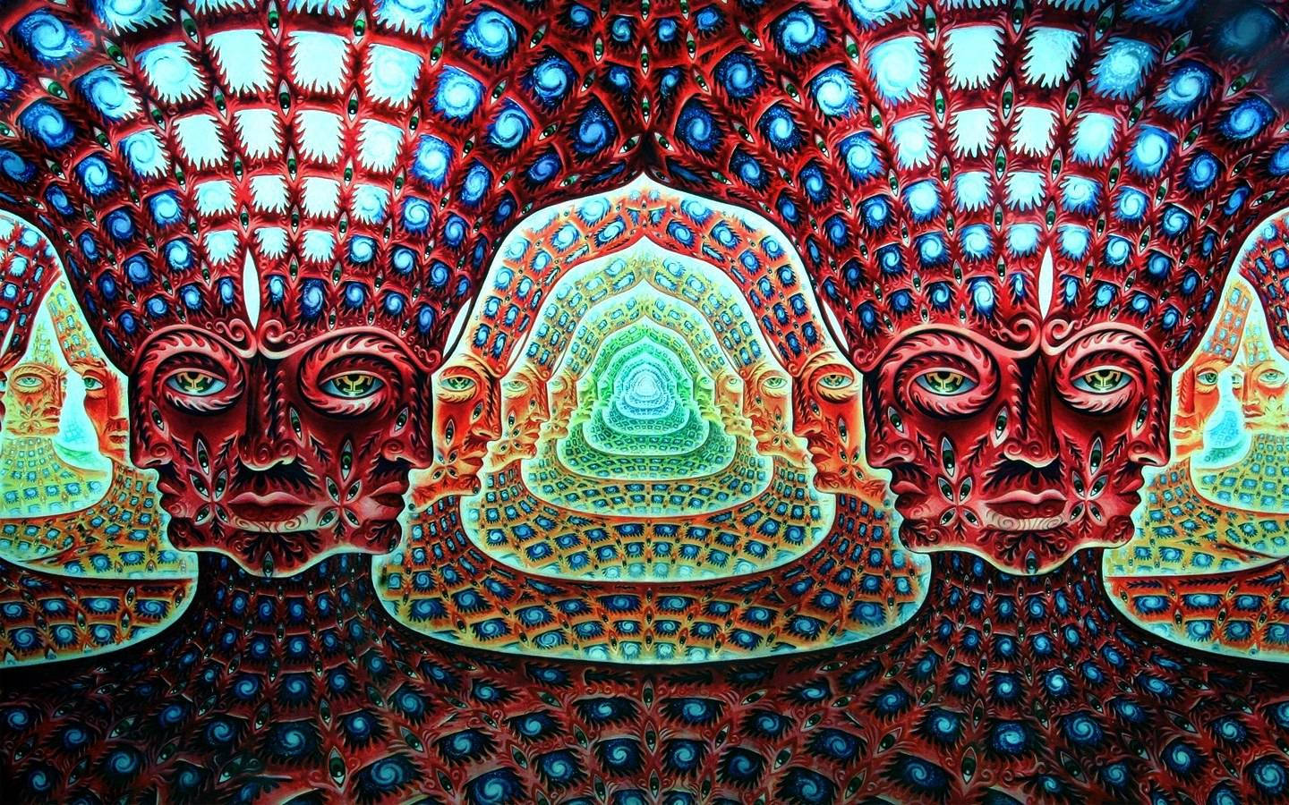 Trippy Red Faced Statue Psychedelic Art Wallpaper