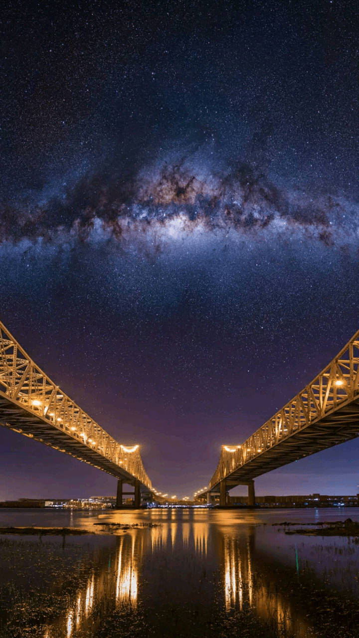 Twin Bridge Under Galaxy Bing Wallpaper