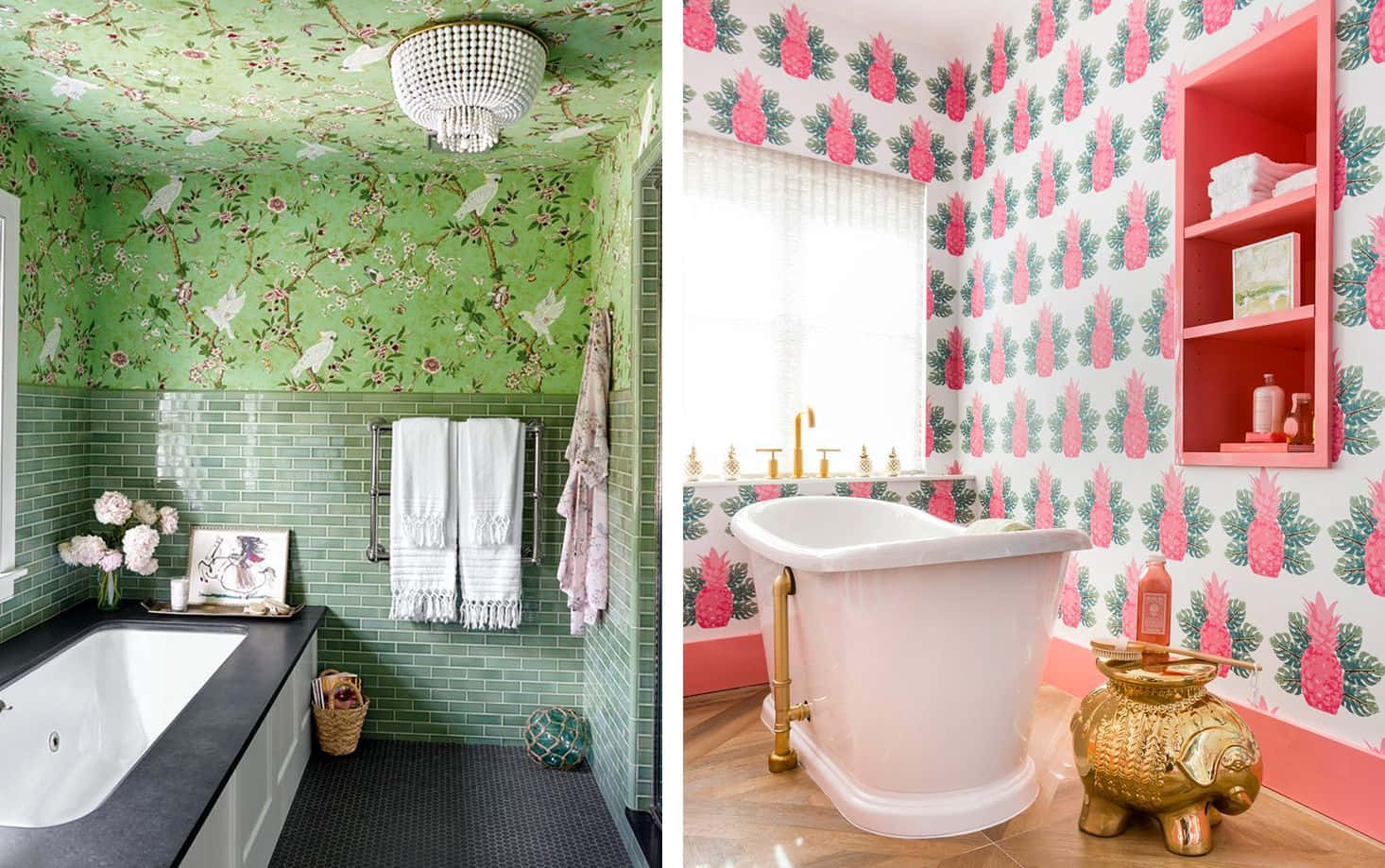 Two Different Bathrooms Green And Pink Walls Wallpaper