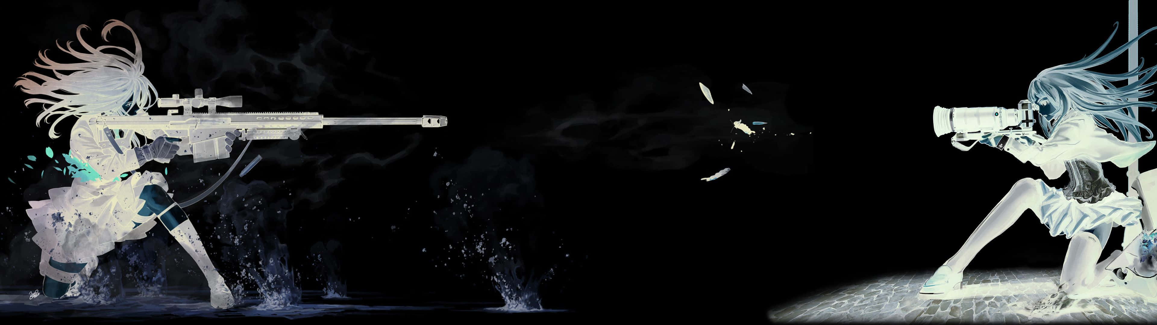 Two Girls Aim Weapons Dark Triple Monitor Wallpaper