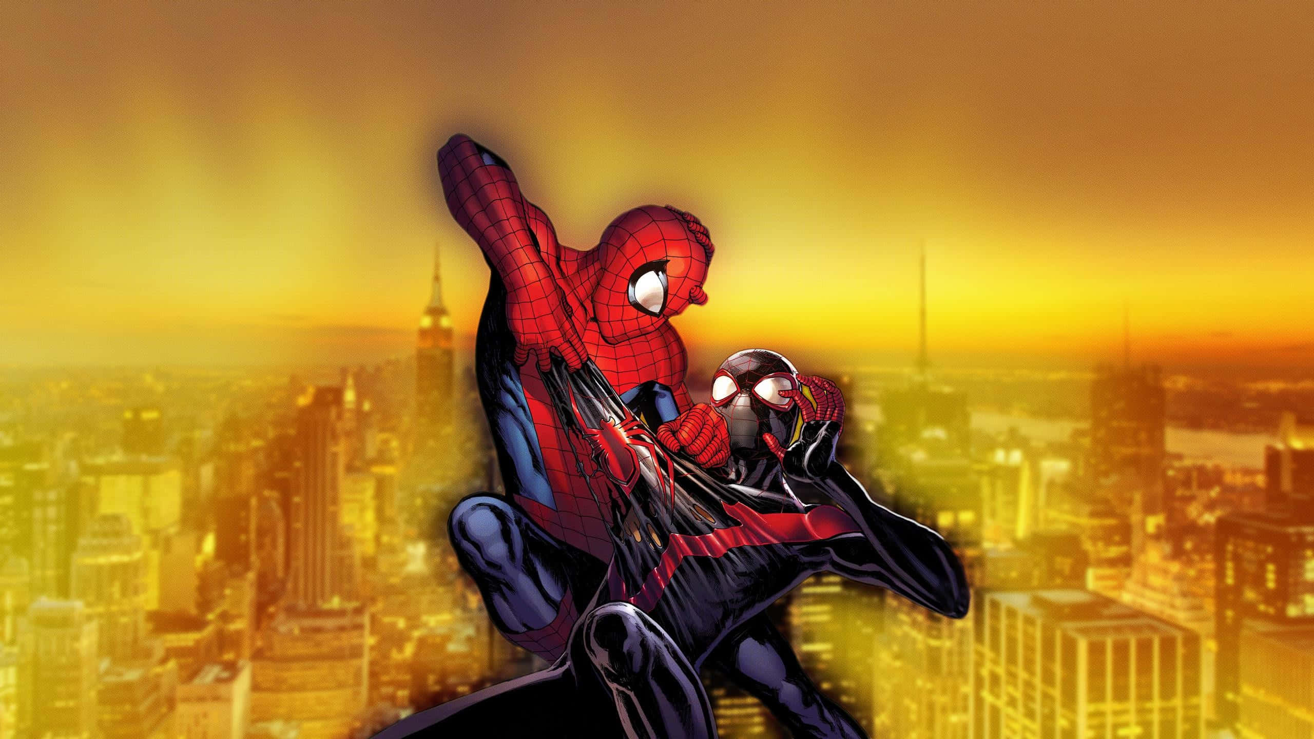 Ultimate Spider-man Swinging High Above The City Wallpaper