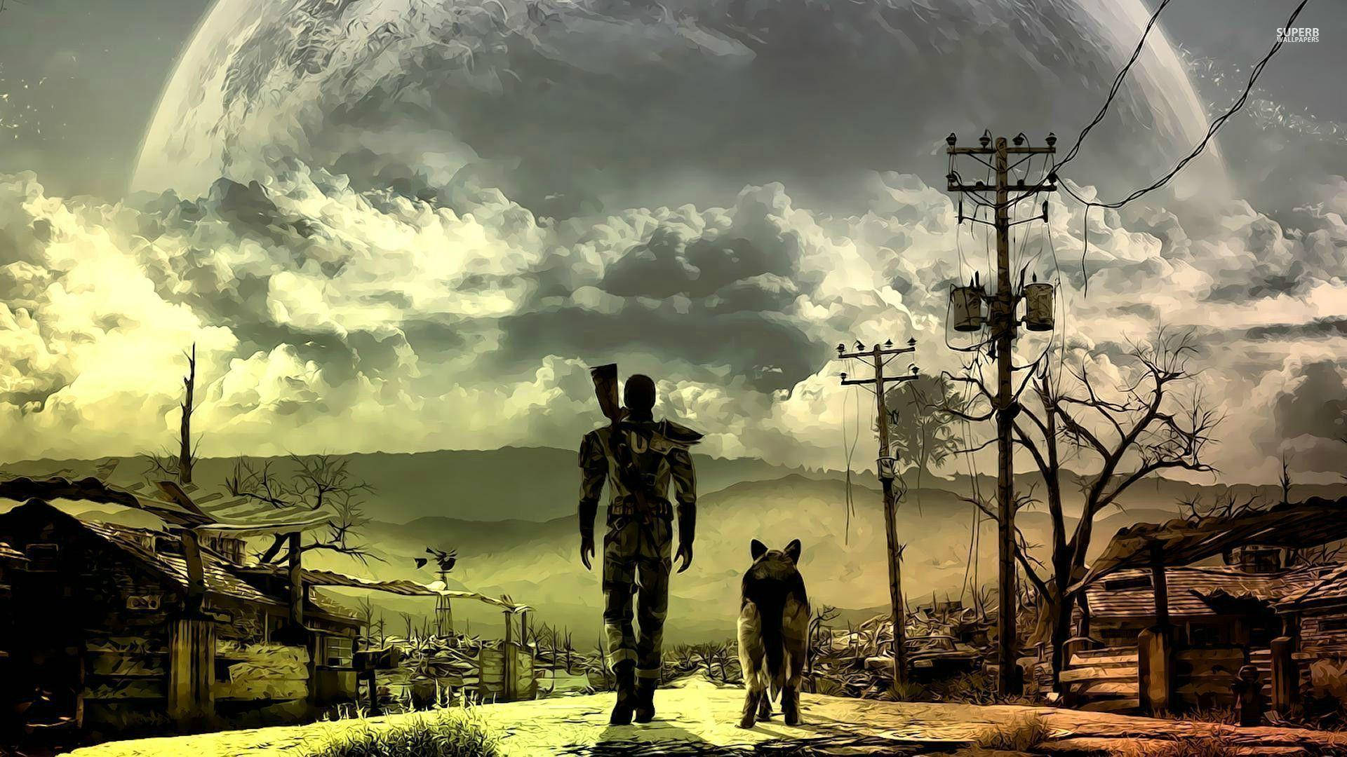 Unstoppable Companions: Fallout 76 Soldier And Their Dog Wallpaper