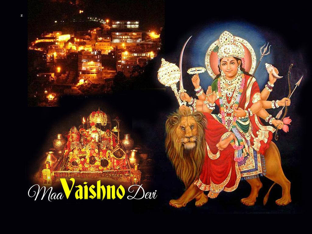 Vaishno Devi Sitting On A Male Lion Wallpaper