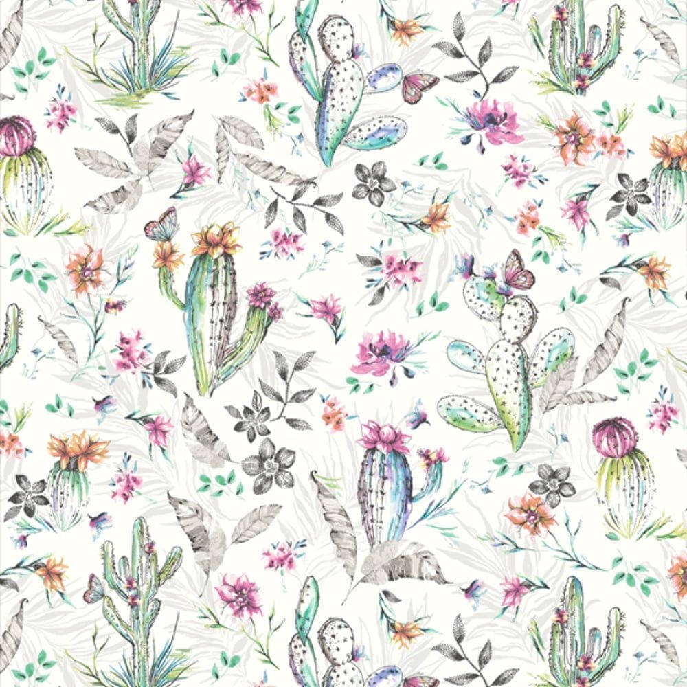 Vintage Cactus And Flowers Pattern Wallpaper