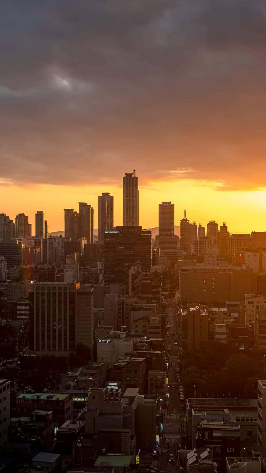 Watching A Beautiful Sunset Over A Vibrant City Skyline Wallpaper
