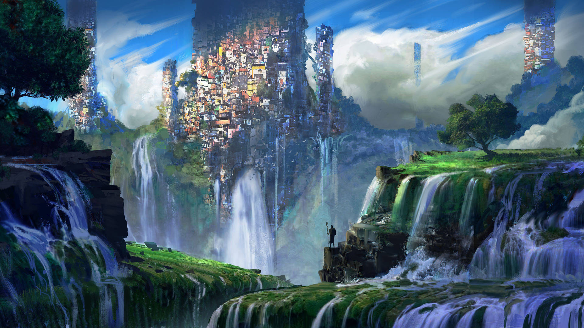 Waterfall And City Slums Wallpaper