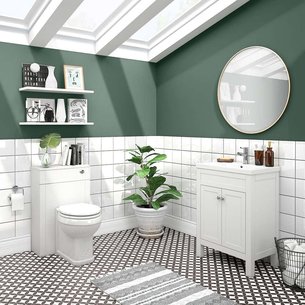 White Bathroom Green Walls Wallpaper