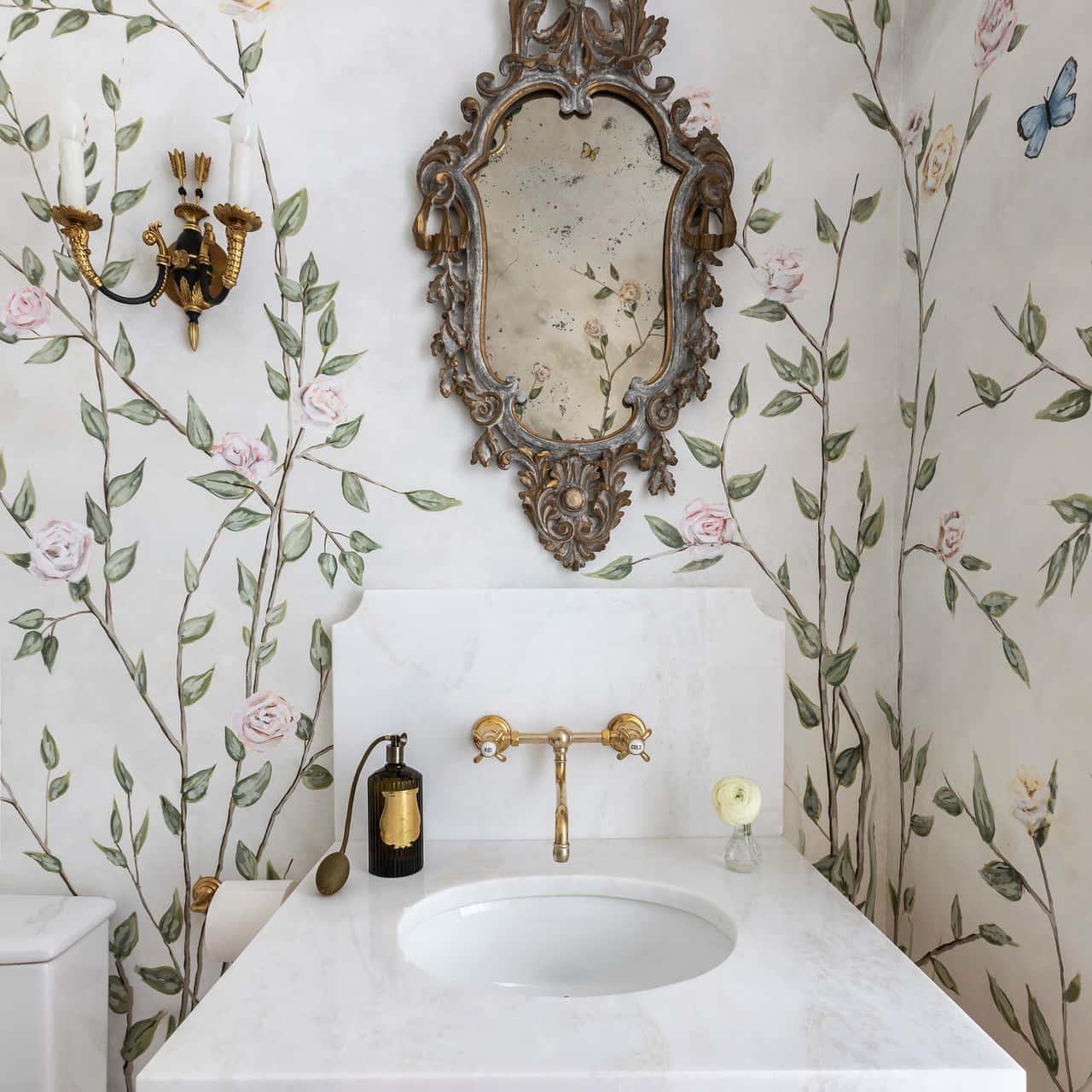 White Bathroom Long Stemmed Flowers Wall Wallpaper