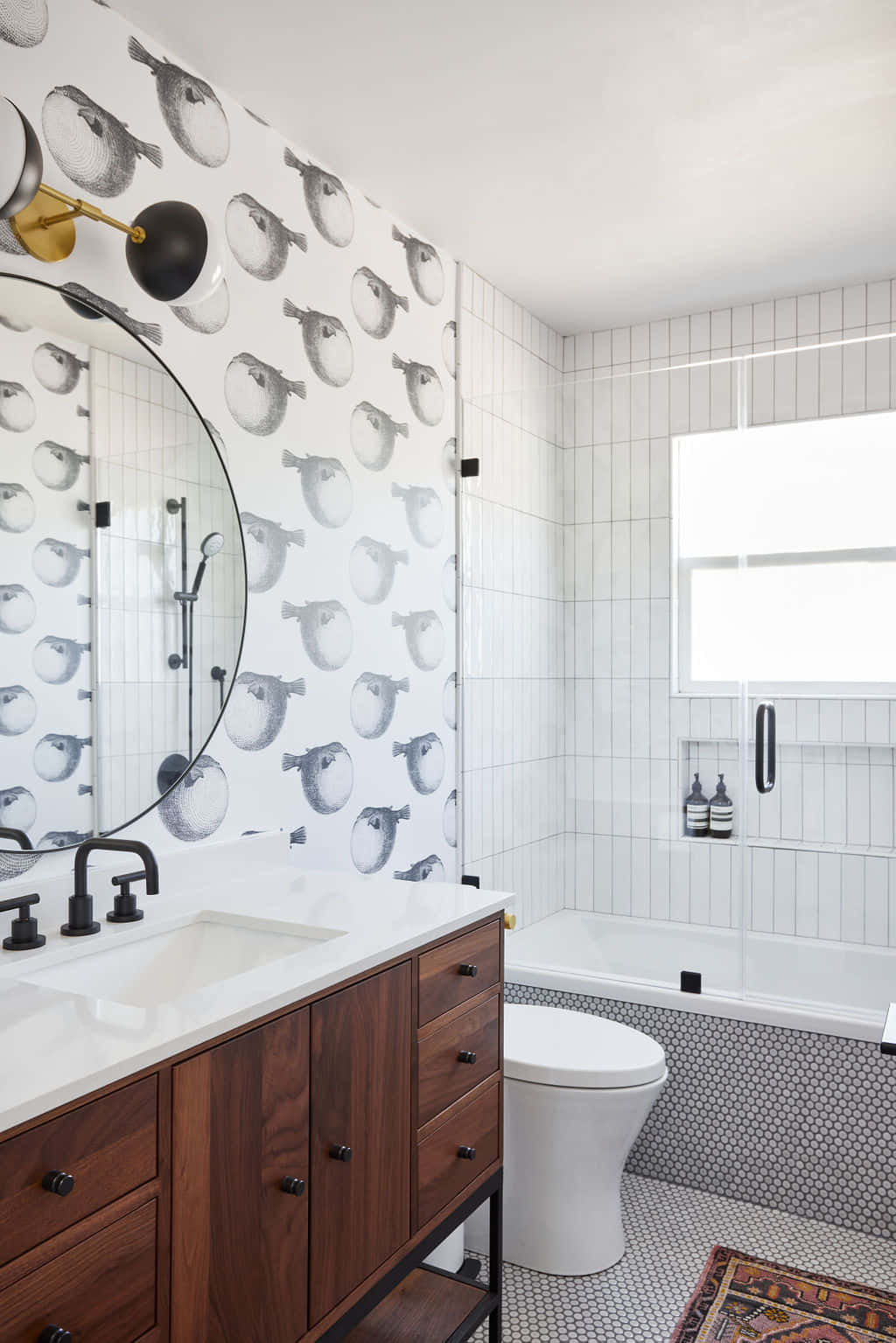 White Bathroom Puffer Fish Patterned Walls Wallpaper