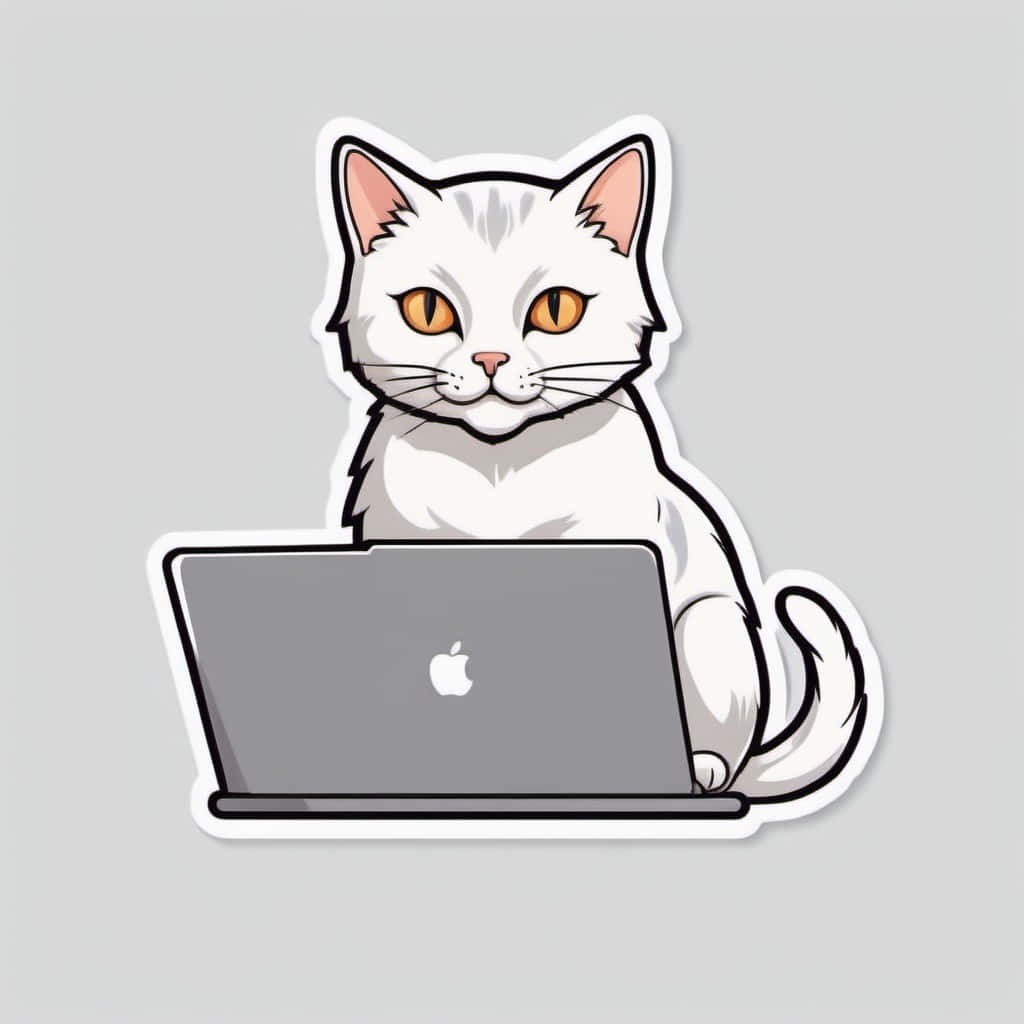 White Cat Using Laptop Sticker Wallpaper