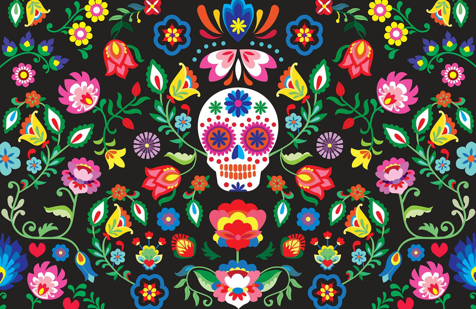 White Mexican Skull And Flowers Wallpaper