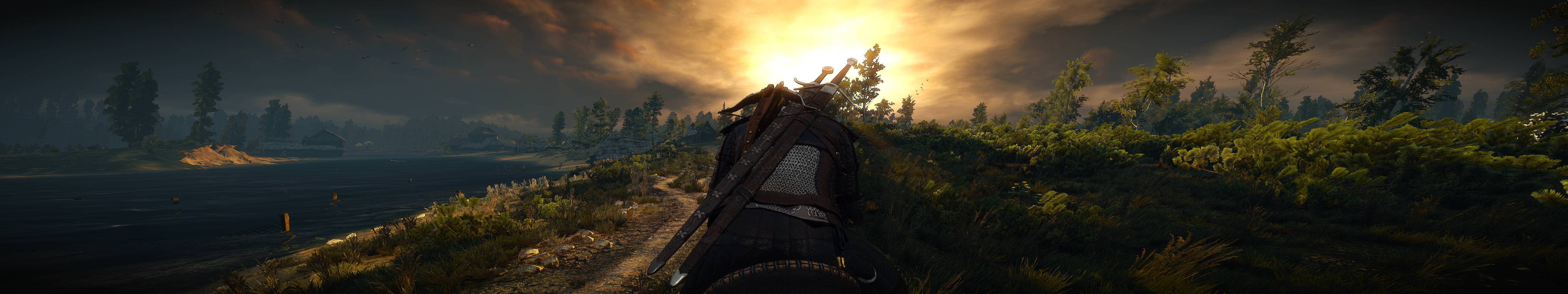 Witcher 3 Geralt Forest River Sunset Wallpaper