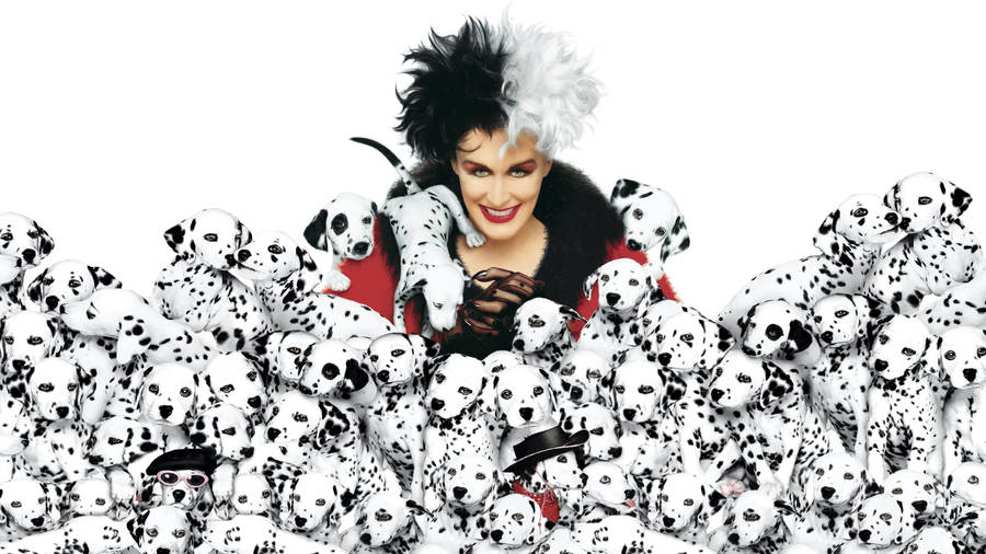 101 Dalmatians Cruella Surrounded By Puppies Wallpaper