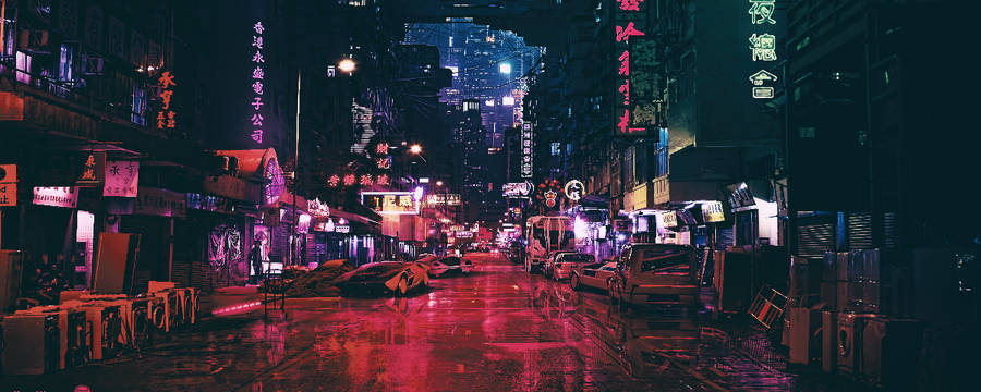 1200x48 City With Neon Lights And Signs Wallpaper