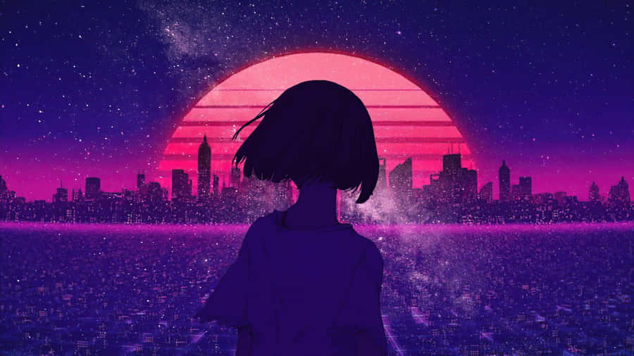 2048x1152 Aesthetic Retro Anime Girl Pink City Wallpaper