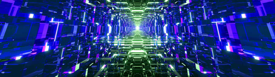 3840 X 1080 Gaming Stage Purple Green Wallpaper