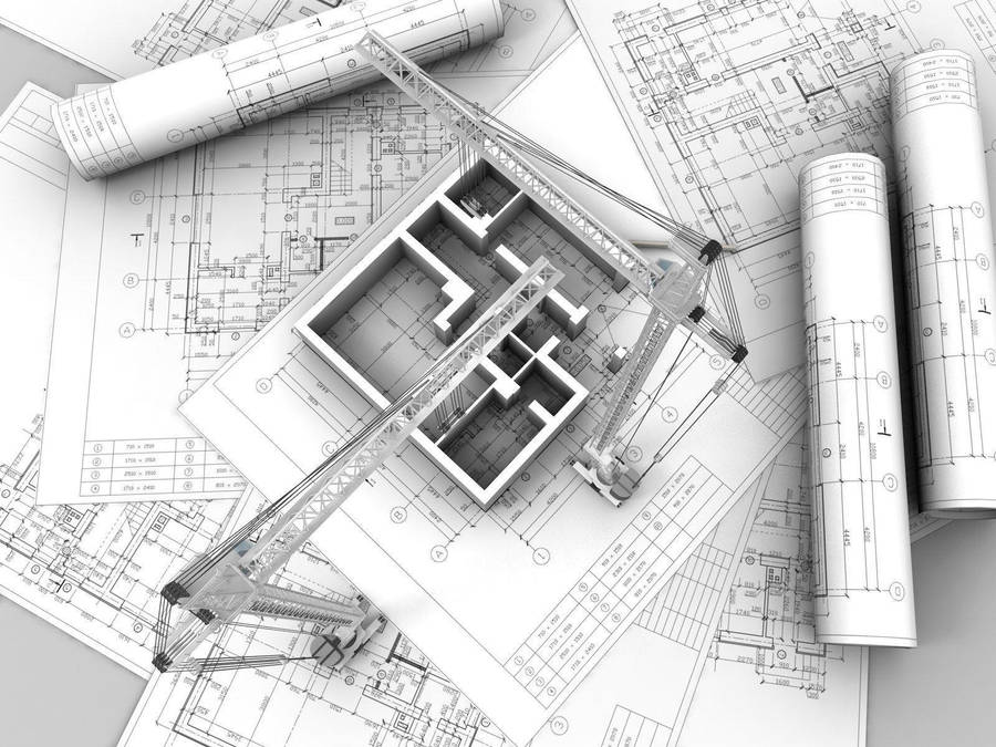 3d Construction Site Perspective Over Blueprints Wallpaper