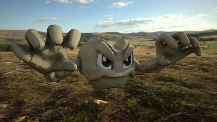 3d Geodude Hovering Above Ground Wallpaper