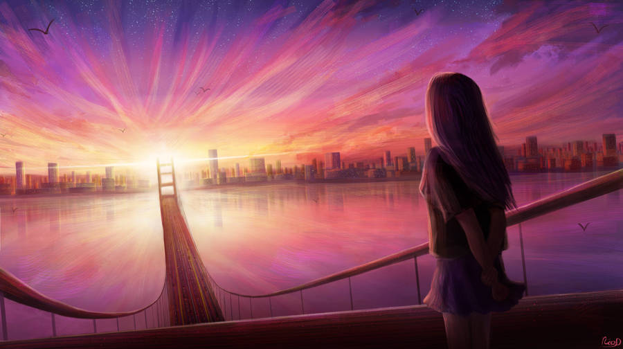 4k Anime Sunset Bridge Wallpaper