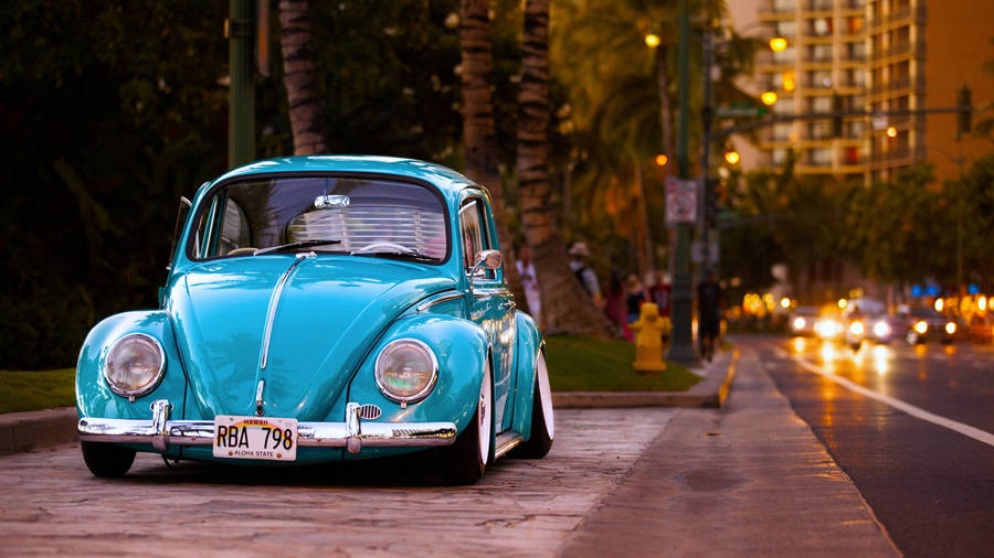 4k Blue Vintage Car On The Side Of The Road Wallpaper