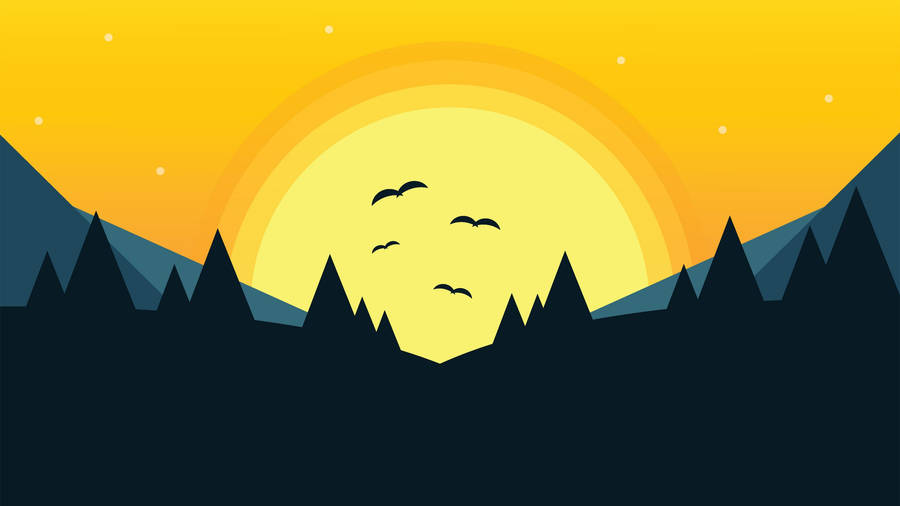 4k Flat Illustration Art Yellow Bright Sun And Orange Sky Wallpaper