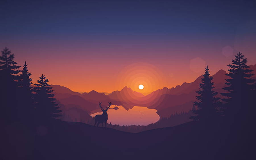 4k Flat Sunset Reindeer And Pine Trees Wallpaper