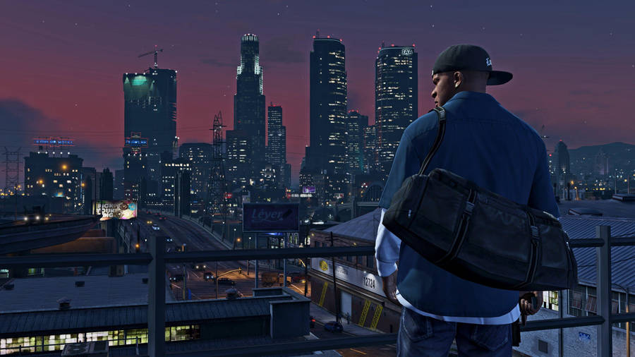 4k Gta 5 Franklin Looking At City At Night Wallpaper