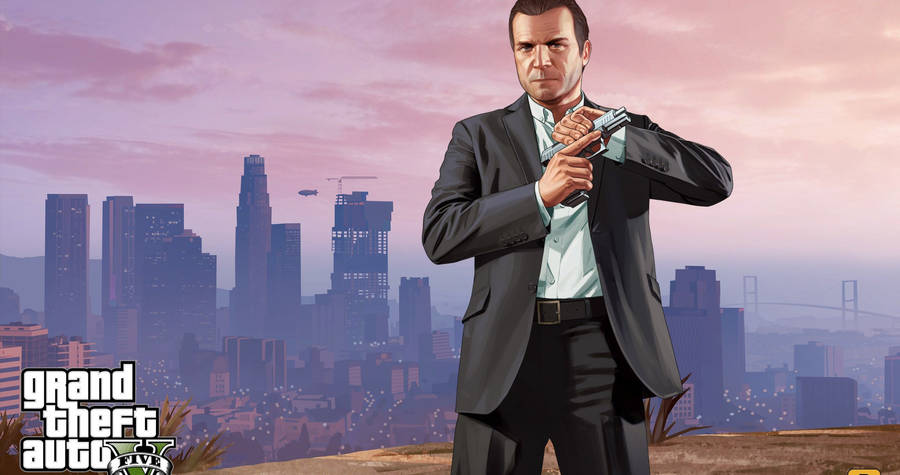 4k Gta 5 Michael De Santa With Los Santos Wallpaper