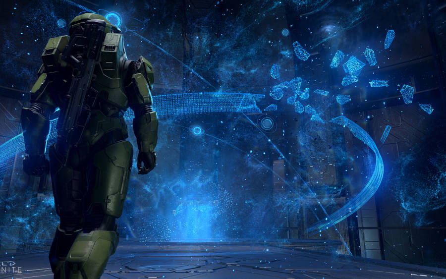 4k Master Chief Facing Blue Background Wallpaper