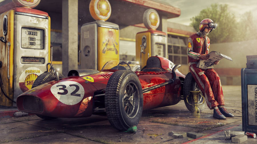 4k Racing Car At Gas Station Wallpaper