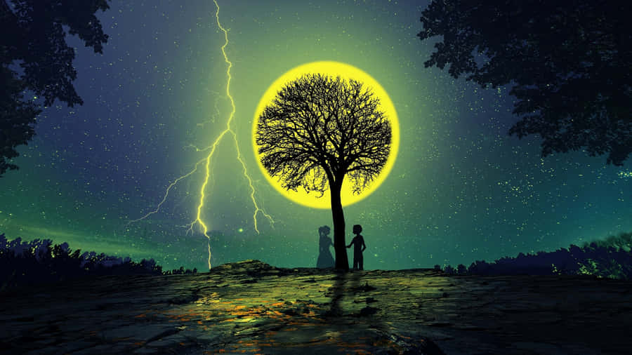 4k Resolution Moon Tree Couple Wallpaper