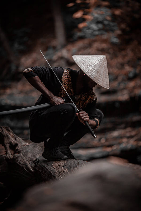 8k Samurai With Sedge Hat Wallpaper