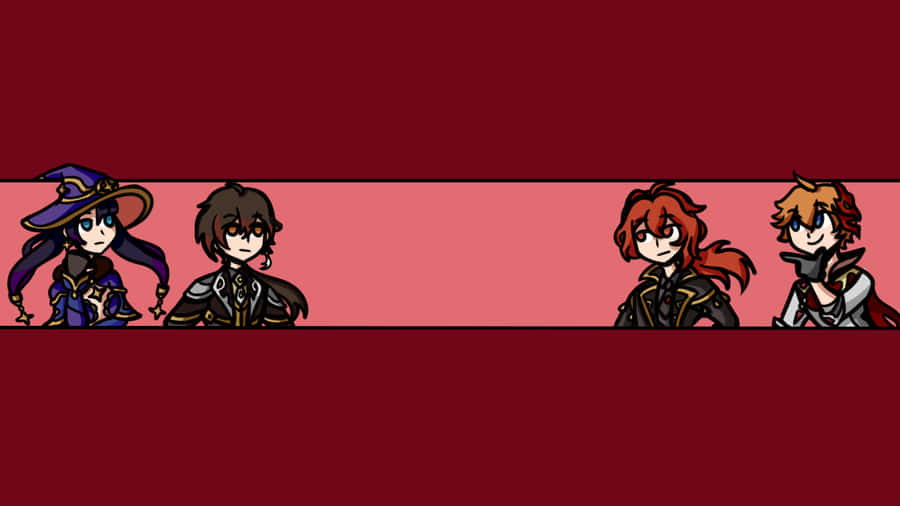 A Banner With Four Characters Standing In Front Of It Wallpaper