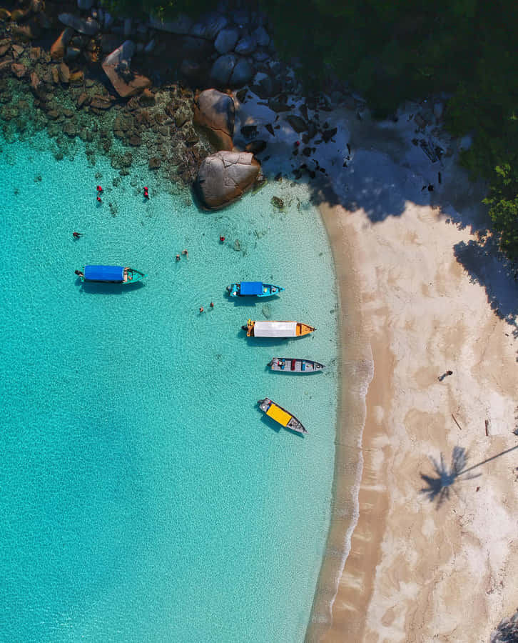 A Beautiful Tropical Beach With Crystal Clear Waters Sparkling In The Sun. Wallpaper