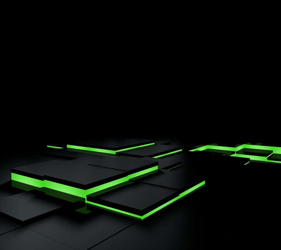 A Black Background With Green Lights And Squares Wallpaper