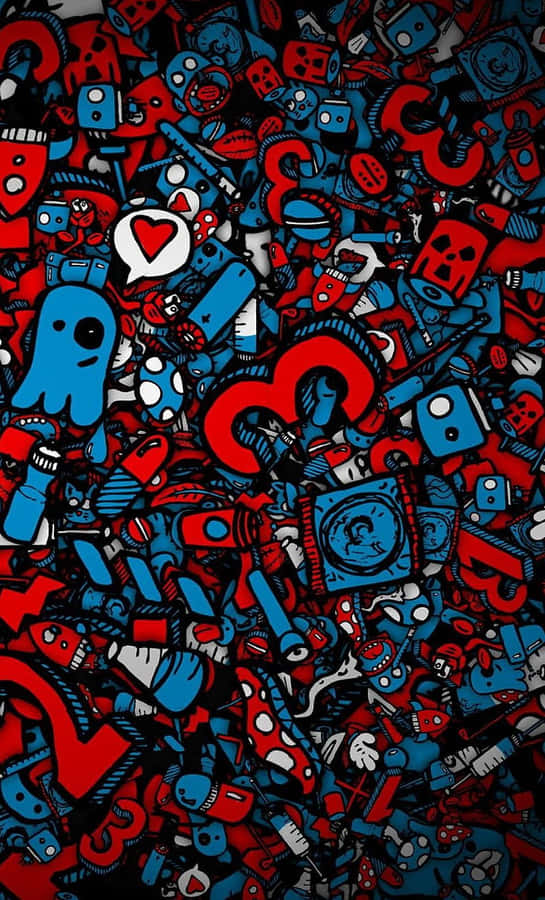 A Black Background With Many Red And Blue Doodles Wallpaper