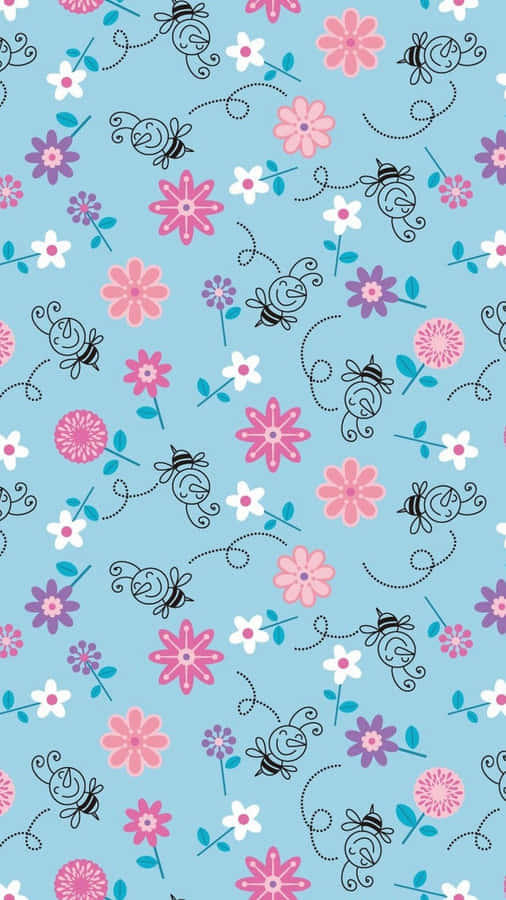 A Blue And Pink Floral Pattern With Butterflies And Flowers Wallpaper