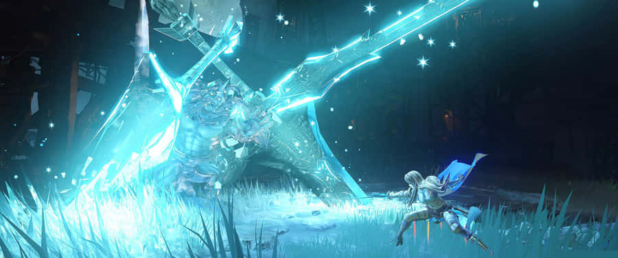 A Blue Dragon Is Standing In The Grass Wallpaper
