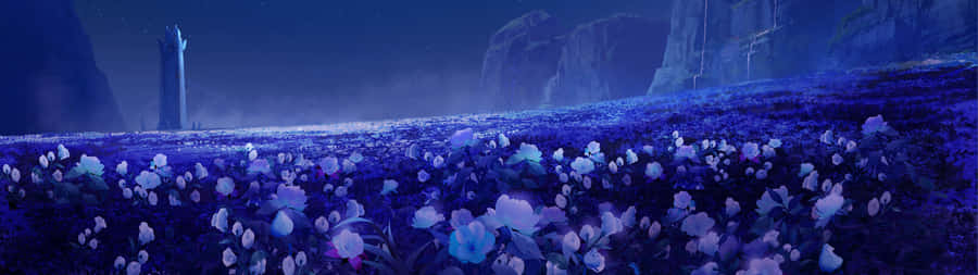 A Blue Field With A Tower In The Middle Wallpaper