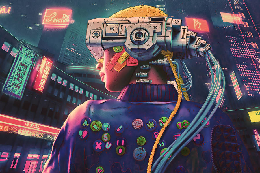 A Blue-haired Futuristic Cyberpunk Girl Staring Into The Dark Void Wallpaper