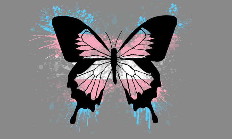 A Butterfly With Pink And Blue Paint Splatters On A Gray Background Wallpaper