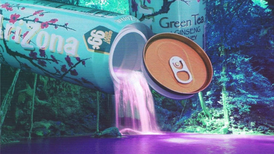 A Can Of Green Tea With A Waterfall Flowing Over It Wallpaper