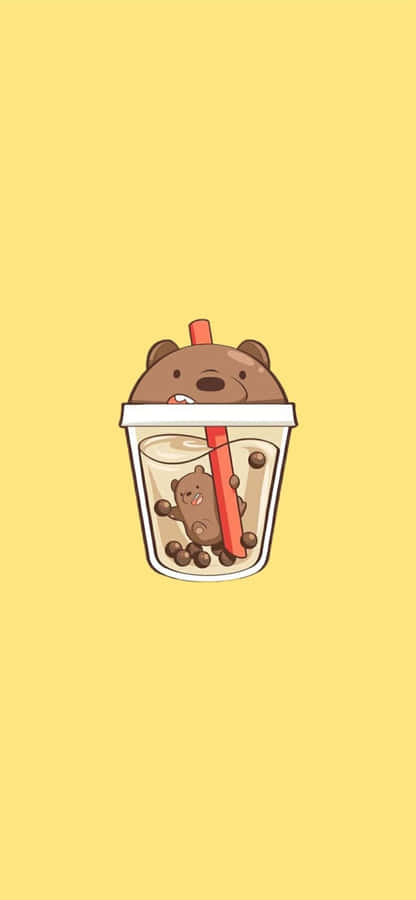 A Cartoon Bear In A Cup With A Straw Wallpaper