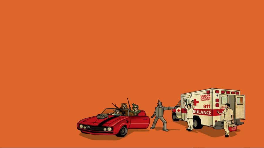 A Cartoon Of A Man And A Car Wallpaper