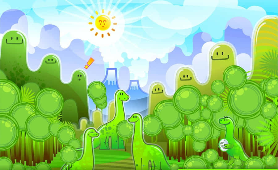 A Cartoon Scene With Dinosaurs And Trees Wallpaper