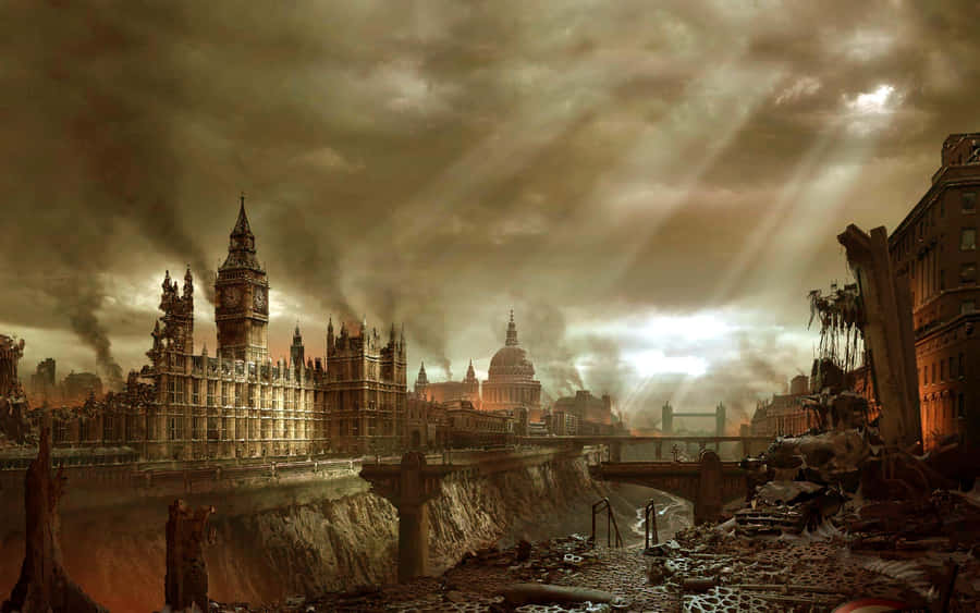 A City With A Destroyed Skyline And Buildings Wallpaper