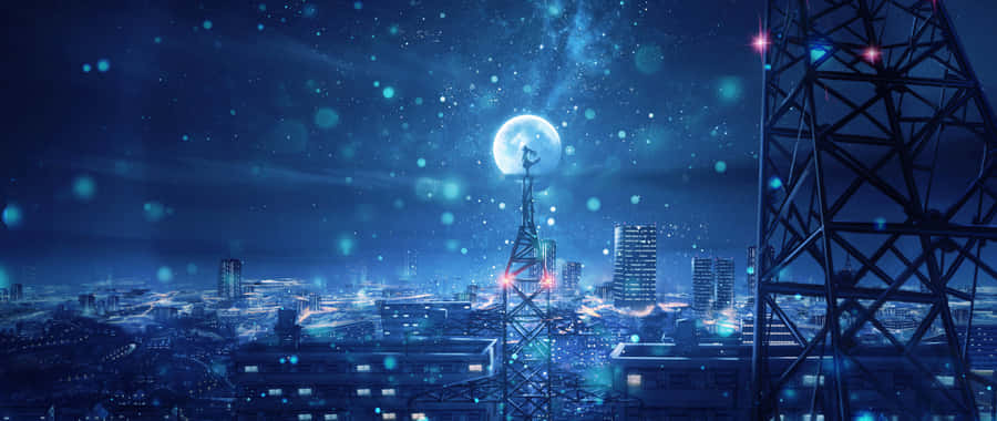 A City With A Radio Tower And A City With A Moon Wallpaper