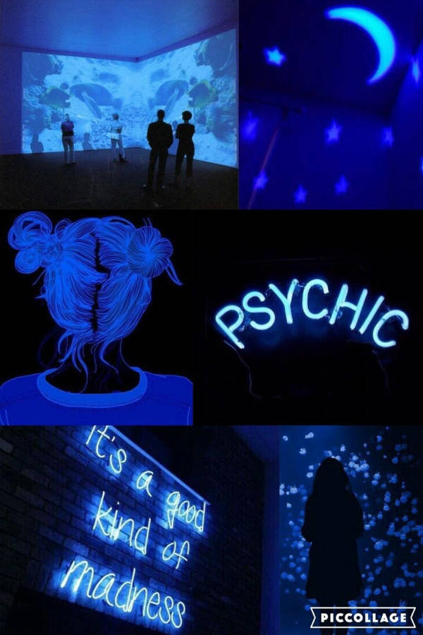 A Collage Of Photos With Blue Neon Lights And A Blue Sign Wallpaper